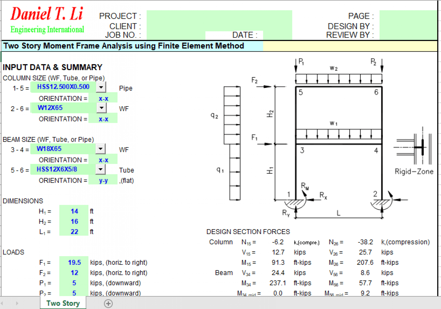 Two Story Moment Frame Analysis using Finite Element Method - Excel Sheets