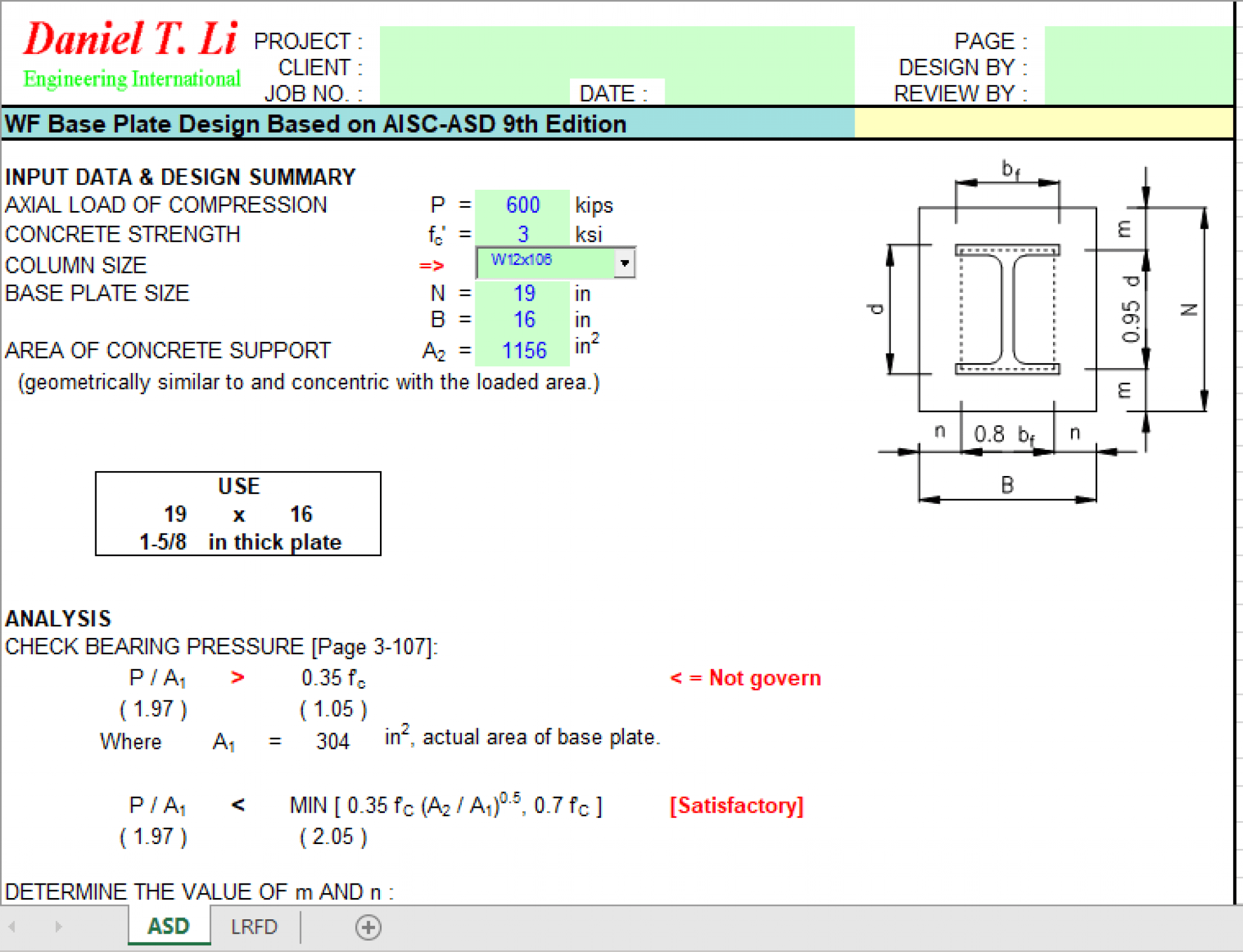 WF Base Plate Design Based on AISC-ASD 9th Edition - Excel Sheets