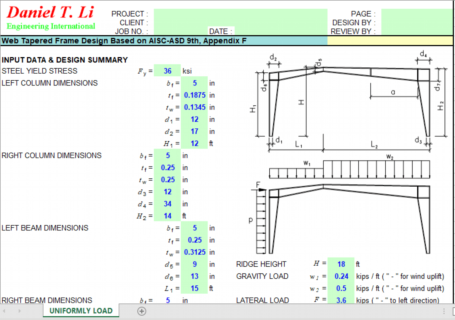 Web Tapered Frame Design Based on AISCASD 9th, Appendix F Excel Sheets