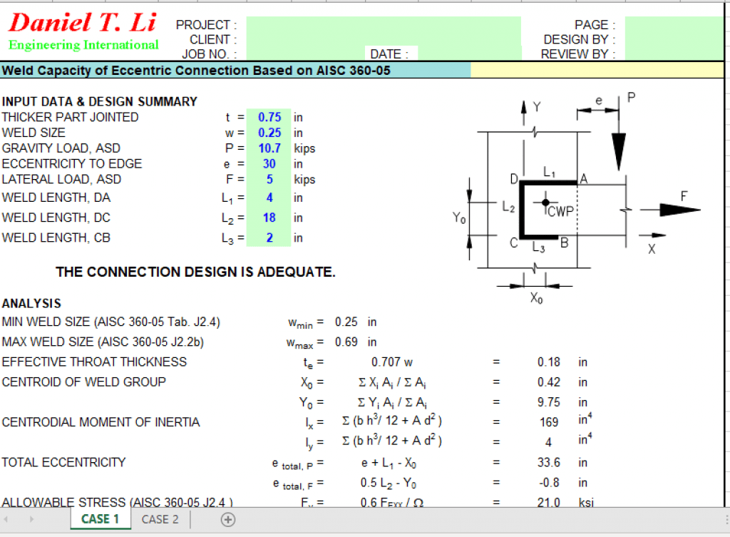 Weld Capacity Of Eccentric Connection Based On Aisc 360-05 - Excel Sheets