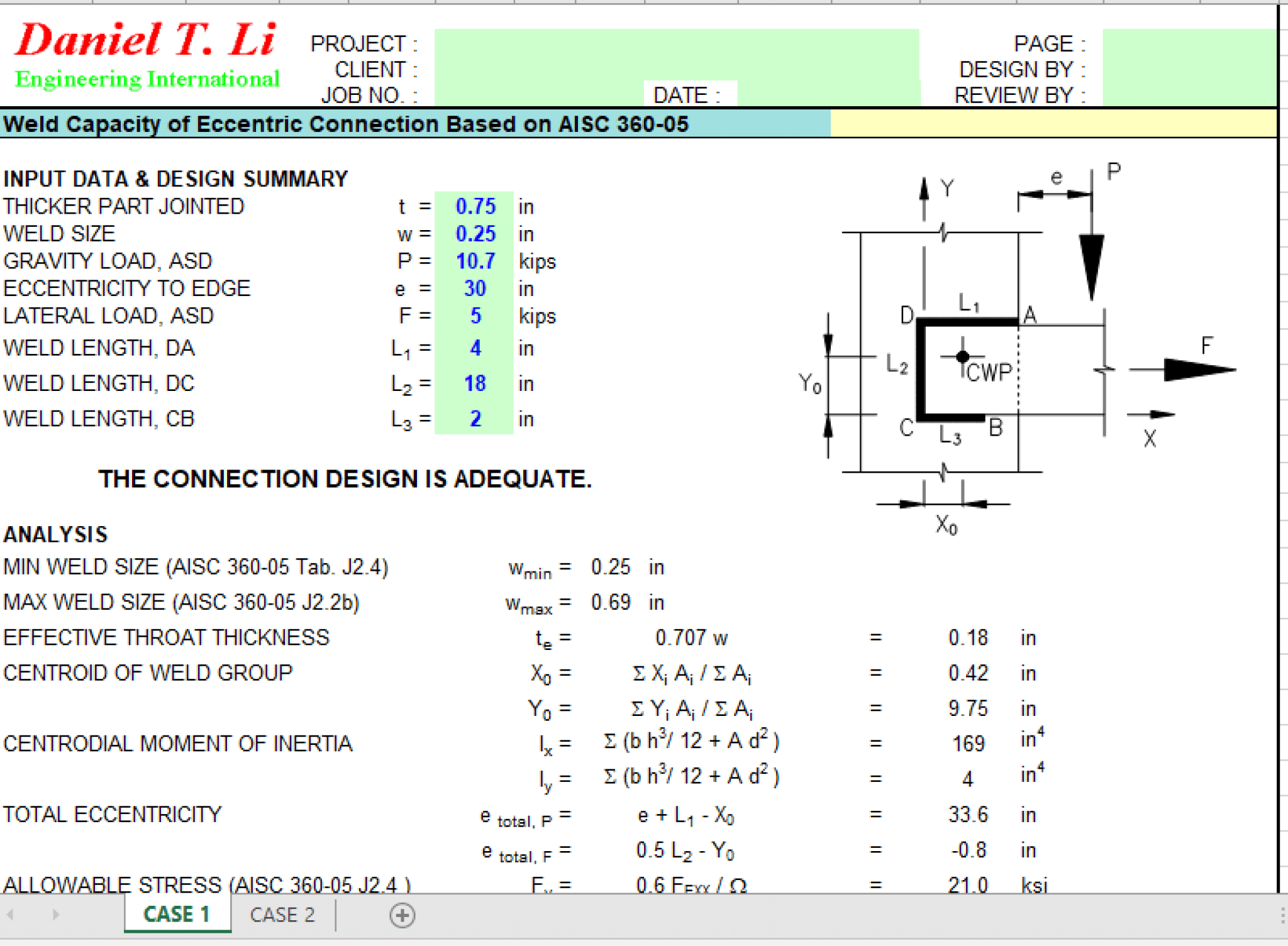 Weld Capacity of Eccentric Connection Based on AISC 360-05 - Excel Sheets